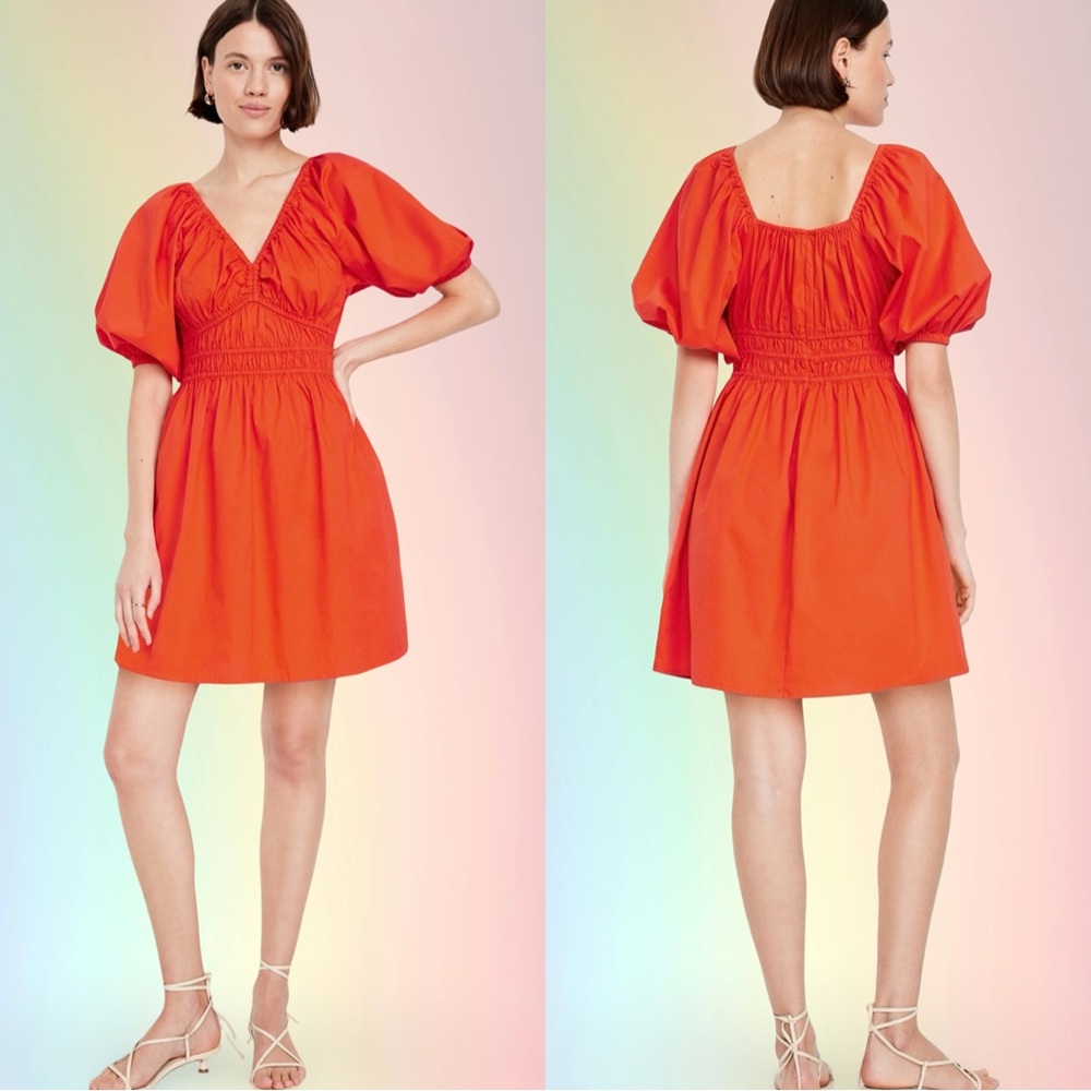 Elegant Orange Puff Sleeve Dress